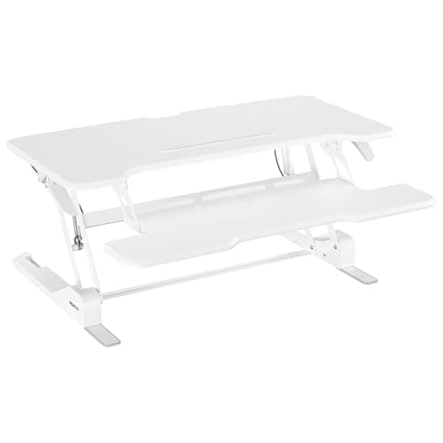 Mount-It! Standing Desk Converter White 38” Wide Height Adjustable Stand Up Desk Riser, Desk Topper with Gas Spring, Desktop Standing Desk with Keyboard Tray Fits Two Monitors 9
