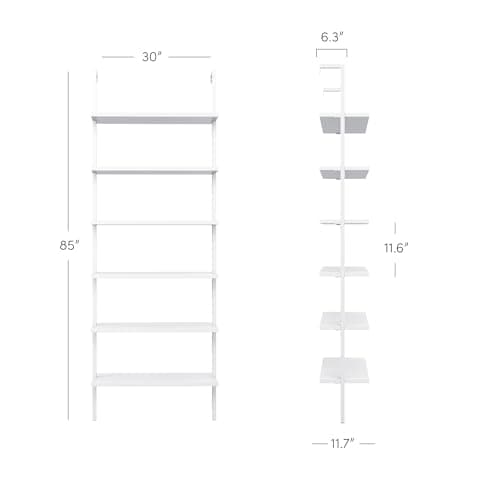 Nathan James Theo 6-Shelf Tall Modern Bookshelf, Wall Mount Ladder Shelf Bookcase with Wood and Industrial Metal Frame, Matte White 2