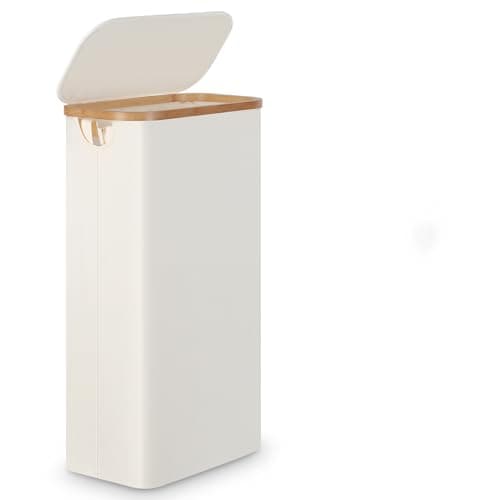 efluky Slim Laundry Basket with Lid, Tall Laundry Hamper with Removable Bag, Narrow Dirty Clothes Hamper with Bamboo Handles for Bathroom, Bedroom and Laundry Room, 63L Beige