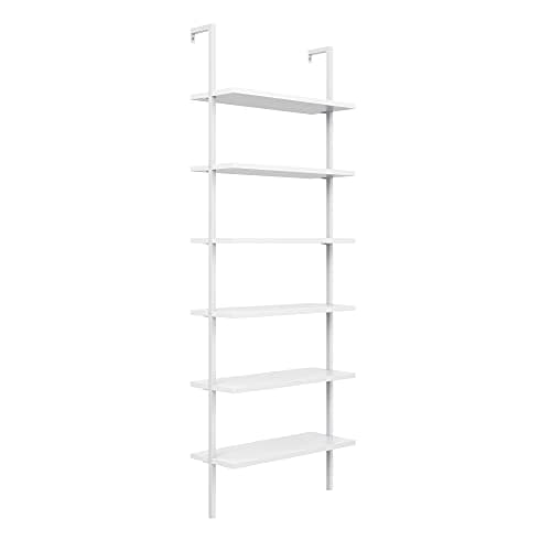 Nathan James Theo 6-Shelf Tall Modern Bookshelf, Wall Mount Ladder Shelf Bookcase with Wood and Industrial Metal Frame, Matte White 8