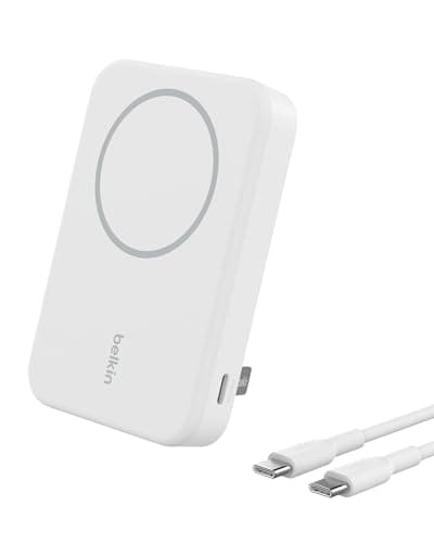 Belkin Portable Charger, Wireless Power Bank 15W 8000 mAh w/ Qi2 - MagSafe Charger w/Built-in Pop-up Kickstand - iPhone 17, Air, Pro, Pro Max, AirPods, Apple Watch, Google Pixel 10, etc. - White