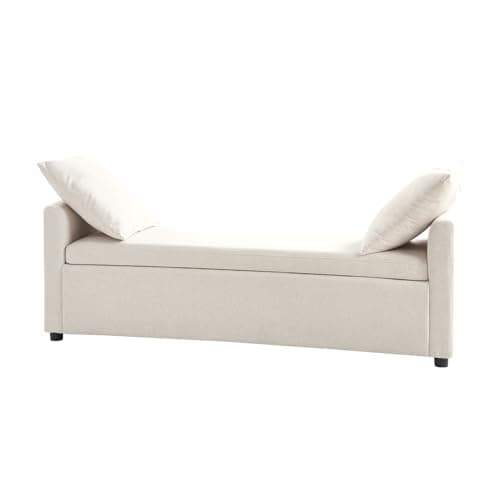 HULALA HOME Modern Storage Bench with Throw Pillows, 59.4" Extra Long Bedroom Ottoman Bench for End of Bed, Comfy Upholstered Footstool for Entryway Living Room Dining Room, Linen 7