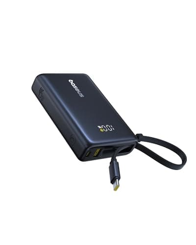 Baseus Power Bank, Picogo 10000mAh 45W 3-Output Portable Charger with Built-in USB-C Cable, PPS/PD QC Fast Charging External Battery Pack for iPhone 17/16/15/14/13, Samsung S25/S24, MacBook Pro, iPad 9