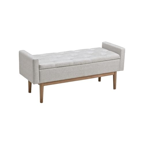 Signature Design by Ashley Briarson Tufted Upholstered Accent Bench with Storage, Hinged Seat, Raised Edges, Wood, Fabric Upholstery, Wood Legs" Light Brown Finish, Beige