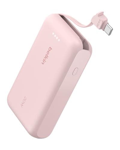 Belkin Portable Charger, Power Bank with Integrated Cable 10000 mAh 20W - Fast Charge USB C Power Delivery - iPhone 17, Air, Pro, Pro Max, iPad, AirPods, Apple Watch, Galaxy S25, & More - Pink