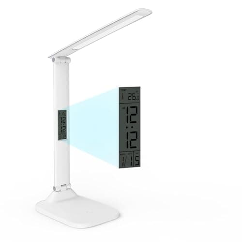 Desk Lamp with Rechargeable, Wireless Portable Table Lamp, Dimmable Office Desk Light with Clock, Alarm, Date, Temperature, Foldable Lamp for Table Bedroom Bedside Office, White Eye-Care Study Lamp
