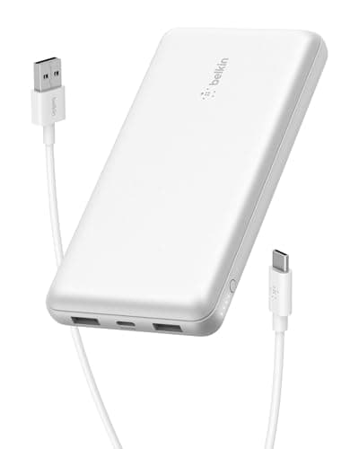 Belkin Portable Charger, USB C Power Bank 20000 mAh w/ 1xUSB-C Port & 2xUSB-A Ports, 15W w/Type-C to Type-A Cable - iPhone 17, Samsung Galaxy S25, Nintendo Switch 2, Google Pixel 10, etc. - White