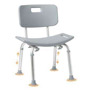 Caring Bath Chair for Seniors, Shower Seat with Back, Suction Feet, Non-Slip Adjustable Height Shower Bench for Elderly, Disabled, 400 lb Weight Capacity, Gray Bathroom Stool for Tub or Shower