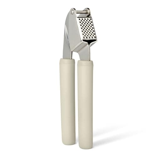 Amazon Basics Garlic Press, Stainless Steel, Soft Grip Handle, Dishwasher-Safe, Linen Gray