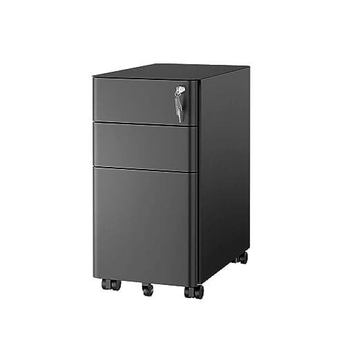 Mount-It! Slim 3 Drawer Rolling File Cabinet with Lock, Mobile Metal Filing Cabinet on Wheels for Under Desk Home & Office Storage, Letter Legal A4, Black