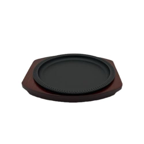 Steak Pan Sizzle Griddle, Cast Iron Steak Plate, Grill Pan with Wooden Base, 8 inches