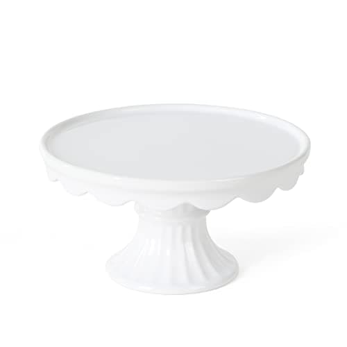 Martha Stewart Patterson 10" Round White Stoneware Pedestal Cake Stand, 5.1" Tall - Fits 9" Cakes | Elegeant Display Plate Stand for Parties, Weddings & Desserts
