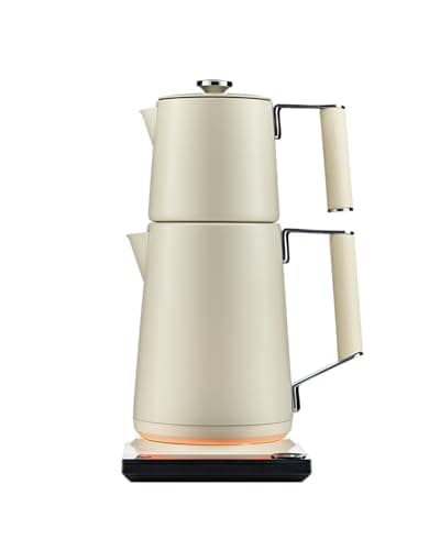 Saki Turkish Tea Maker Machine Pro, Electric Double-Pot Teapot 1.75L 120V, 120 Min Keep-Warm, Stainless Steel BPA-Free, Auto Shut-Off & Boil-Dry, LED Brew Ring, Pearl White