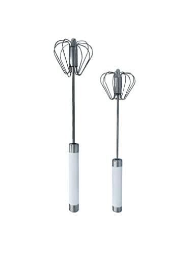 Balevi Stainless Steel Push Whisk - Easy to Use Manual Hand Mixer & Plunger Whisk - Make Froth, Foam & Whipped Cream - Semi Auto Egg Beater Plastic Tip Won’t Scratch Pans (2 Pack 10in & 12in) WHITE