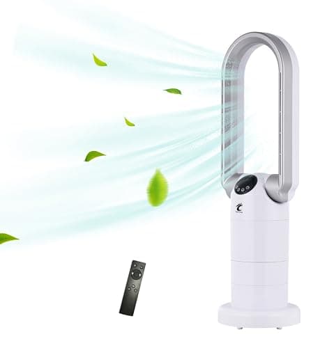 Ocean Loong Bladeless Tower Fan with HEPA Air Filter - Oscillation & Tilt Head - Quiet Cooling Fan for Bedroom Home Office 9 Speeds 9Hours Timer and Remote Control (White, 29”)