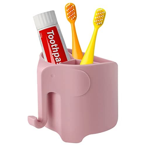 RyanLemon Elephant Toothbrush Holder for Toddler, Suction Cup Cute Toothbrush Holder for Kids, for Bathroom, with 3 Slots and 1 Hook, Pink