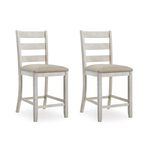 Signature Design by Ashley Skempton | 2-Count 24" Counter-Height Upholstered Bar Stools – Coastal Chic Ladder-Back, Antique White