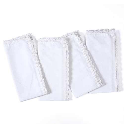 Ramanta Home Decorative Cloth Dinner Napkins Set of 4, 20x20 Inch White Lace Flax Cotton Napkins with Mitered Corners, Oversized Use, Parties, Weddings, Spring, Easter Cloth Napkins