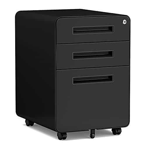 MIIIKO Mobile Filing Cabinet 3 Drawer, Rolling Small File Cabinet with Keys Under Desk, Modern Black Filing Cabinets for Home Office with Anti-tilt Wheels, A4/Letter/Legal Hanging File Drawers