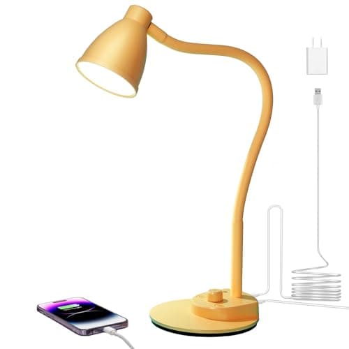 BOHON LED Desk Lamp with USB Charging Port, 3 Color Modes Fully Dimmable Reading Lamp, Auto Dimming Task Lamp, Flexible Neck Table Light for Home Office Dorm Bedside, Bright Yellow