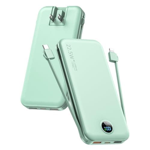 Portable Power Bank, 12000mAh 22.5W Phone Charger with Built-in Cables and Wall Plug, USB C Fast Charging Battery Bank with Smart LED Display, External Battery Pack for iPhone, iPad, Samsung etc Green