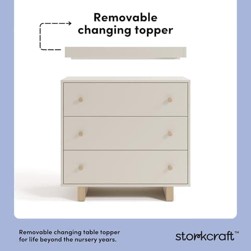 Storkcraft Texas 3 Drawer Chest with Removable Changing Table Topper (Frosted Oat/Driftwood) – GREENGUARD Gold Certified Baby Dresser, Interlocking Drawer System for Nursery & Kids’ Bedroom Dresser 5