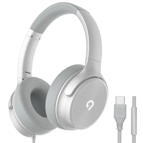 ADOOPE USB C Wired Over-Ear Headphones with Mic, Hi-Fi Stereo Sound, Noise-Isolating Ear Cups, Comfortable Fit for iPhone15/16, Samsung Galaxy S24/S23, Type-C Phones & Tablets (Silver)