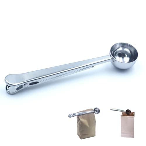 Stainless Steel Coffee Scoop with Clip – 2-in-1 Coffee Measuring Spoon (1 Tbsp) for Ground Coffee, Tea, Beans，Protein – Rustproof, Dishwasher Safe, Bag Sealer for Freshness (1)