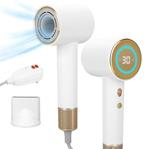 Hair Dryer,110000 RPM High-Speed Brushless Motor,GFCI Safety Plug--For high humidity,Negative Ionic Fast Drying, Low Noise,Thermo-Control Hair-Dryer-with-LED Display and Nozzle (White)