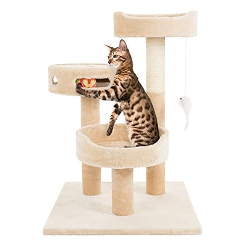 Cat Tree - 3-Tier Tall Cat Tower Condo with 2 Napping Perches, Sisal Rope Scratching Post, Hanging Mouse and Interactive Wheel Toy by PETMAKER (Beige), 27.5"