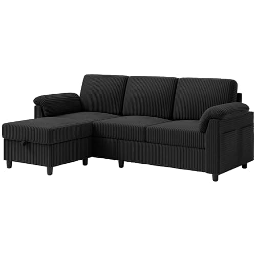Vongrasig Convertible Sectional Couches, 3 Seat L Shaped Couch Sofa with Removable Pillows Soft Corduroy Fabric Small Couch Mid Century for Living Room, Apartment and Office Black 8
