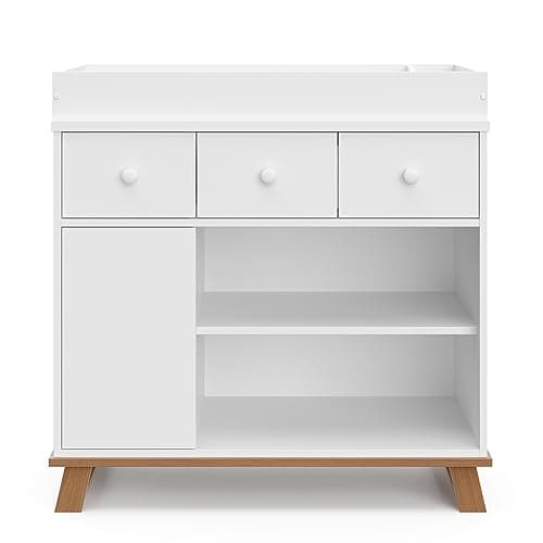 Storkcraft Modern Nursery Changing Table Dresser Combo (White & Vintage Driftwood) – GREENGUARD Gold Certified, Dresser for Nursery, Changing Table with Drawers, Removable Changing Table Topper 9