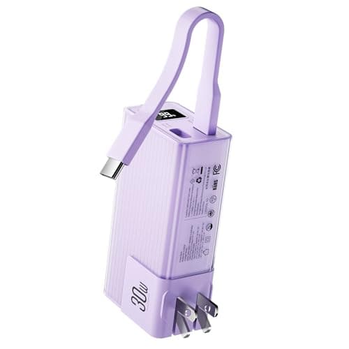 Miady Portable Charger Built-in Foldable Wall Plug, PD 30W 10000mAh Compact Power Bank has USB-C Cable & LED Display, Travel Essential Battery Pack Compatible with iPhone Galaxy Smartphones (Purple)