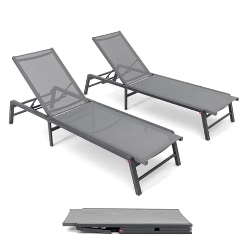 U ULAND Aluminum Chaise Lounge Outdoor, Foldable & Assemble-Free Lounge Chair Outdoor Set of 2, Lounge Chair with 5 Adjustable Backrest, Patio Lounge Chair for Outside, Poolside, Beach, Pool, Grey