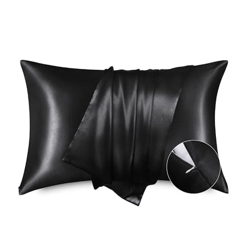 Bedsure Satin Pillowcase with Zipper, Similar to Silk Pillow Cases 2 Pack, Silky & Soft Satin Pillow Cases Standard Size for Hair and Skin, Black Pillow Covers, Gifts for Women Men, 20x26 Inches