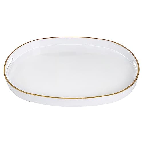 MAONAME White Decorative Tray, Oval Serving Tray with Handles, Plastic Tray for Coffee Table, Ottoman Tray for Living Room, Bathroom, 15.6" X 10.6" X 1.4"