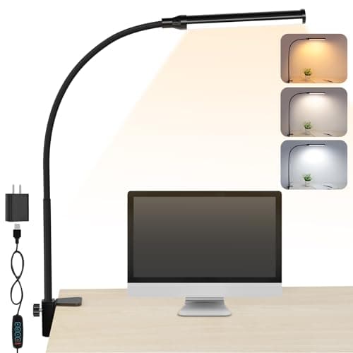 ShineTech LED Desk lamp with Clamp, Eye-Caring Clip Lights for Home Office, 3 Colors Full Brightness, Flexible USB Adapter Table Lamp, Black