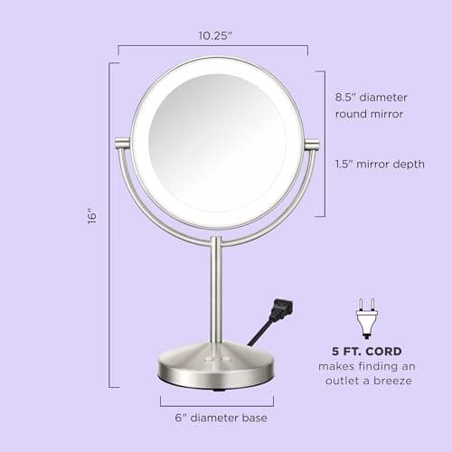 Conair Lighted Makeup Mirror, Double-Sided LED Vanity Mirror with 1X/10X Magnification, 3 Light Settings, 3 Modes, 360° Rotation, Satin Nickel Finish 6