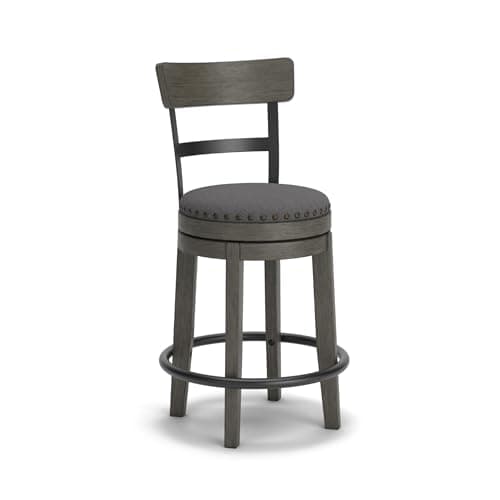 Signature Design by Ashley Caitbrook | Farmhouse Swivel 24" Counter Height Barstool – 360° Swivel, Upholstered with Nailhead Trim, Metal & Wood Frame, Gray