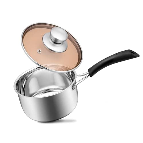 1 Quarts 18/10 Stainless Steel Saucepan, Joyfair Small Sauce Pan Milk Pot with Glass Lid for Cooking Stewing Boiling Spaghetti Soup, Extra Pan Wall & Heat-proof Bakelite Handle, Dishwasher Safe
