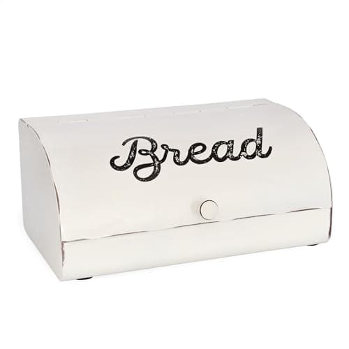 AuldHome Design Rustic White Bread Box; Farmhouse Vintage Enamelware Countertop Bread Bin