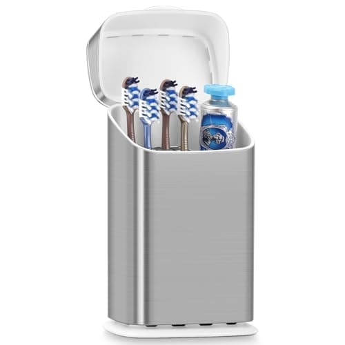 GFWARE Toothbrush Holders with Cover - 5 Slots Tooth Brush Holder for Bathroom, Detachable Bathroom Counter Organizer with Drainage Kids Toothbrush and Toothpaste Holde, Silver