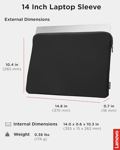Lenovo Basic Laptop Sleeve 14 Inch Notebook/Tablet Compatible with MacBook Air/Pro Neoprene Material - Soft Fleece Lining - Zippered Top Opening - Black 6