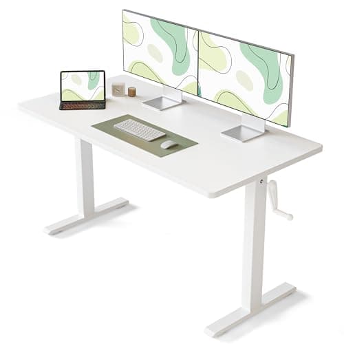 FEZIBO Crank Height Adjustable Desk, 55 Inches Manual Standing Desk, Writing Table with Handle, Home Office Desk with White Frame/White Table Top