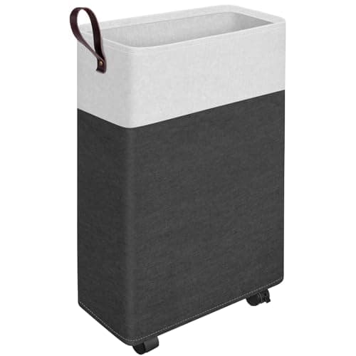 EpicTotes 24.4-Inches Rolling Slim Laundry Basket on Wheels, Collapsible & Waterproof Laundry Hamper, Freestanding Narrow Corner Clothes Bins with Easy Carry Handles for Clothes at Home, Grey