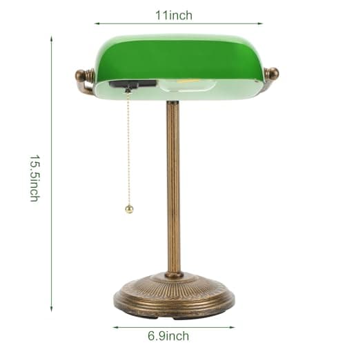 NISSAFORS Bankers Desk Lamp, Green Glass Shade, Vintage Desk Lamp with Pull Chain Switch, Retro Table Lamps for Home Office(Retro Gold+Green, Small) 5