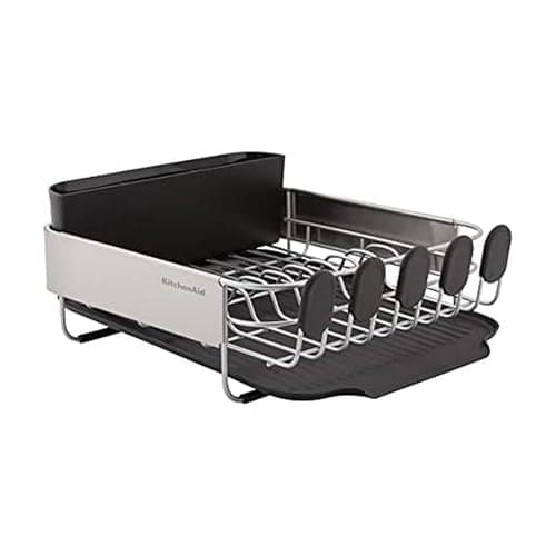 KitchenAid Compact, Space Saving Rust Resistant Dish Rack with Removable Flatware Caddy and Angled Self Draining Drainboard, 16.06-Inch, Black