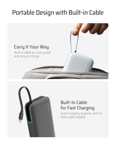 CUKTECH 45W Power Bank 20000mAh, Portable Travel Charger Built-in USB C Cable, Fast Charging Battery Pack for iPhone 16/15/14/13, iPad, Samsung Galaxy, Google Pixel, Android and More (Gray) 5