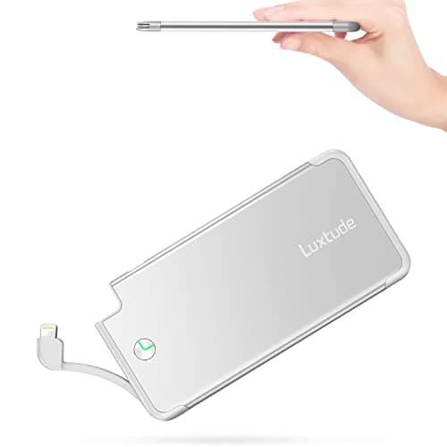 Luxtude Portable Charger iPhone Built in Lightning Cable (MFi Apple Certified), Ultra Slim Portable Phone Charger Thin Battery Pack, 5000mAh Power Bank for iPhone 14/13/12/11/10 etc. (Metal Silver)