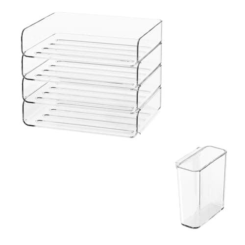 FANXIYQ 4-Tier Horizontal Acrylic Paper Tray Organizer with Pen Holder | Clear Stackable Desk Organizer for Documents, Letters, A4 Paper | Modern Office/Classroom/Home Organization